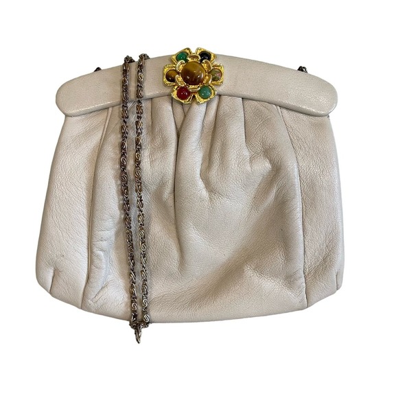 Vintage Fine N Rhine Women's Taupe Floral Beads Dumpling Sling Crossbody Bag - Picture 1 of 12